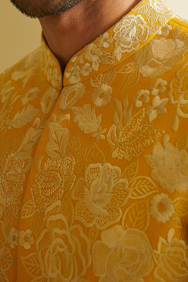 Yellow & Ivory Embroidered Groom Sherwani Set by Varun Bahl Men at Pernia's Pop Up Shop