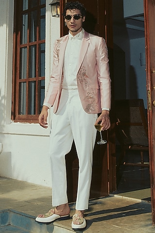 Pink Cotton Silk Embellished Tuxedo Set by Varun Bahl Men