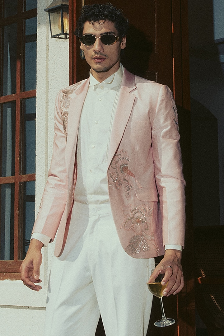 Pink Cotton Silk Embellished Tuxedo Set by Varun Bahl Men at Pernia's Pop Up Shop