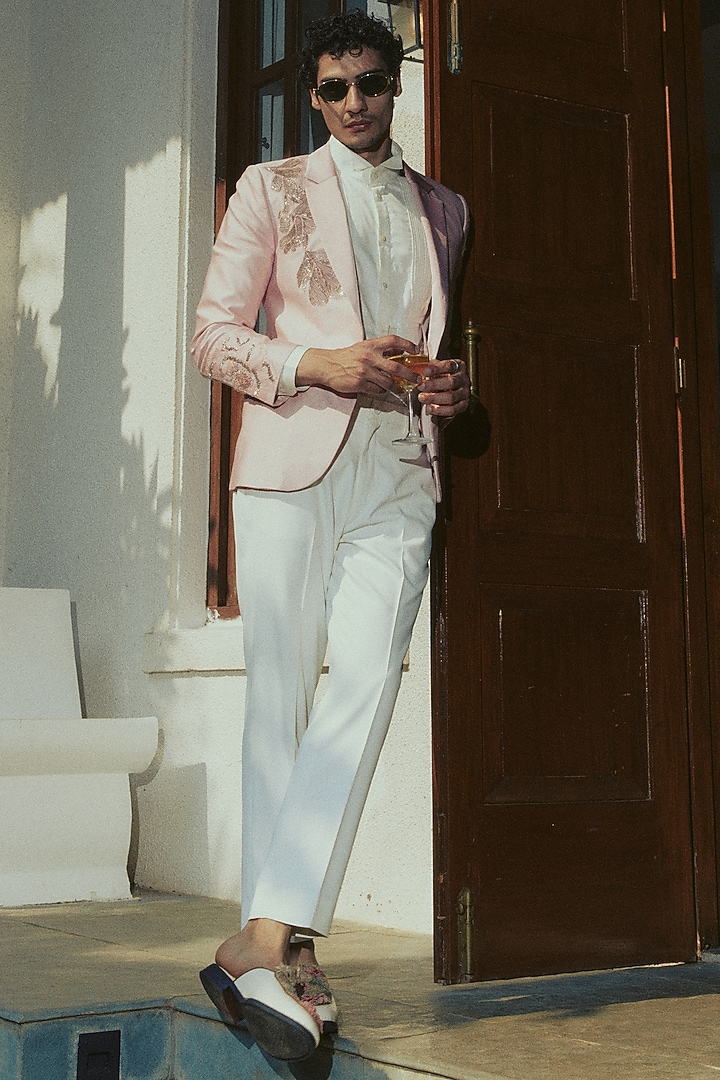 Pink Cotton Silk Embellished Tuxedo Set by Varun Bahl Men at Pernia's Pop Up Shop