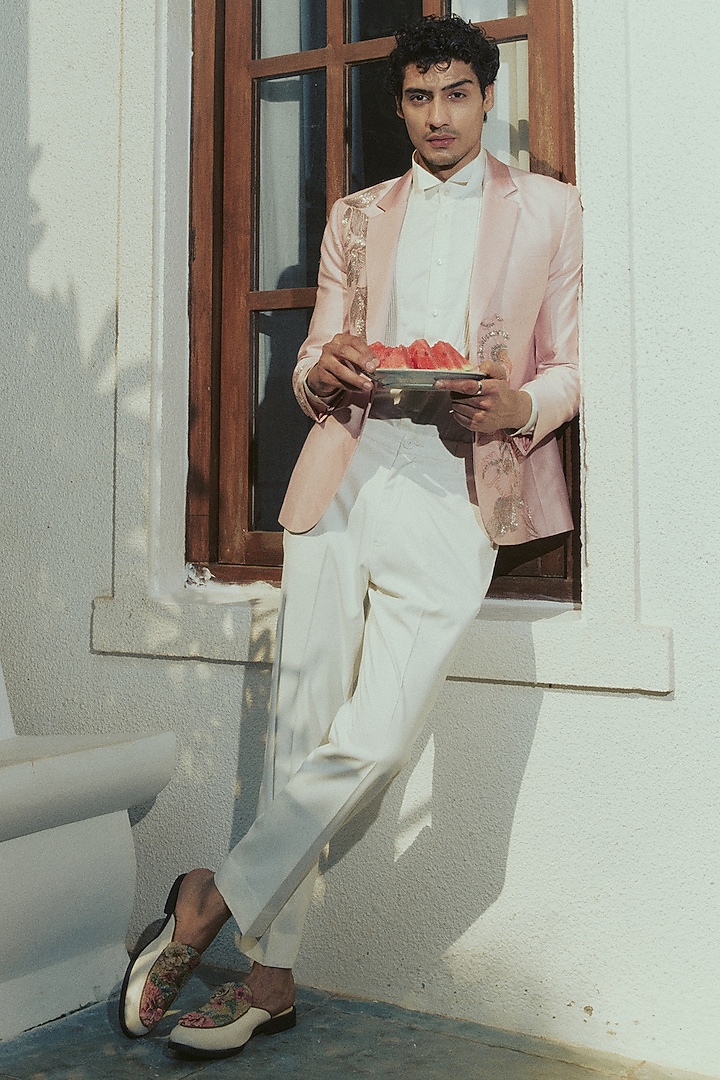 Pink Cotton Silk Embellished Tuxedo Set by Varun Bahl Men at Pernia's Pop Up Shop