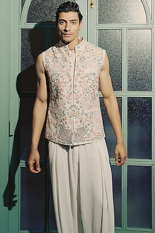 Ivory Modal Dupion Bundi Jacket by Varun Bahl Men