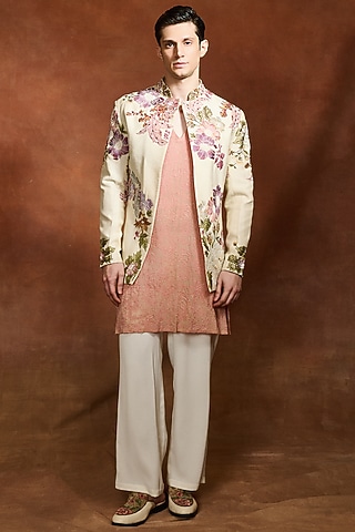 Ivory Modal Dupion Embroidered Bandhgala by Varun Bahl Men