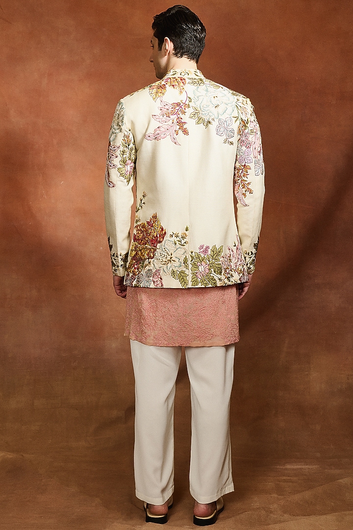 Ivory Modal Dupion Embroidered Groom Bandhgala by Varun Bahl Men at Pernia's Pop Up Shop