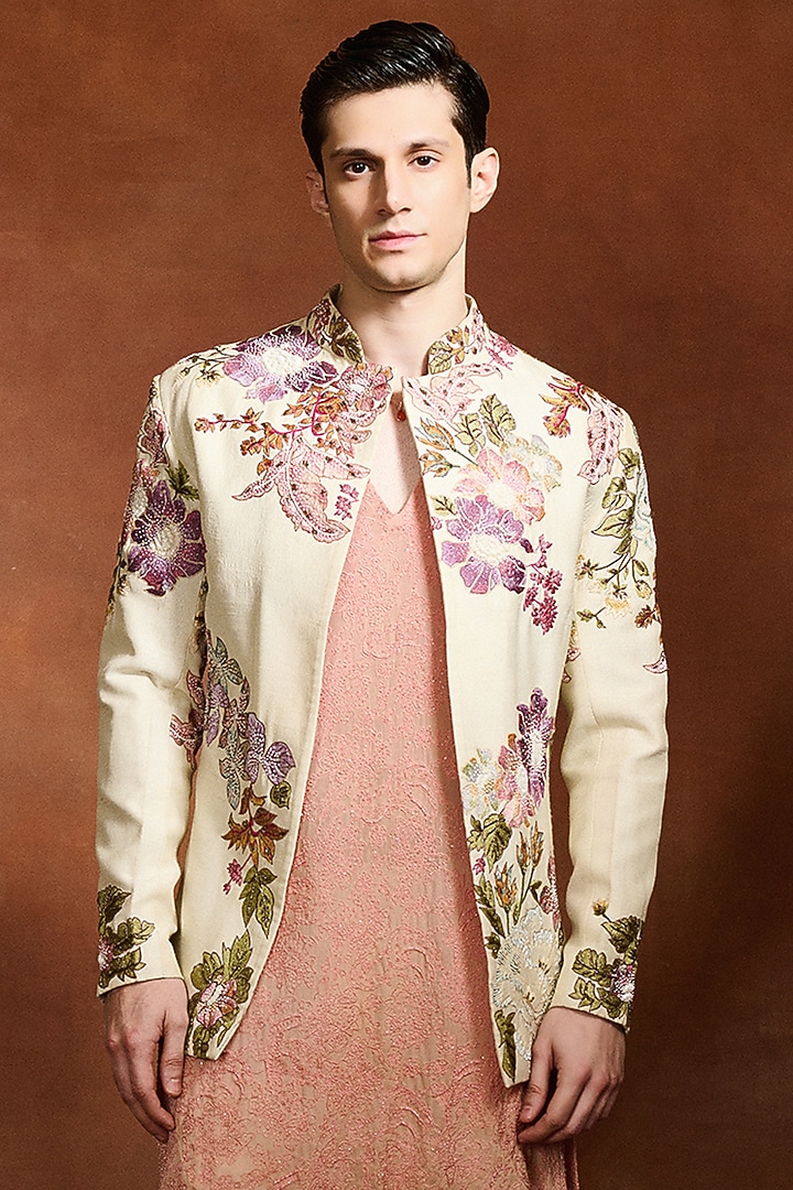 Ivory Modal Dupion Embroidered Groom Bandhgala by Varun Bahl Men at Pernia's Pop Up Shop