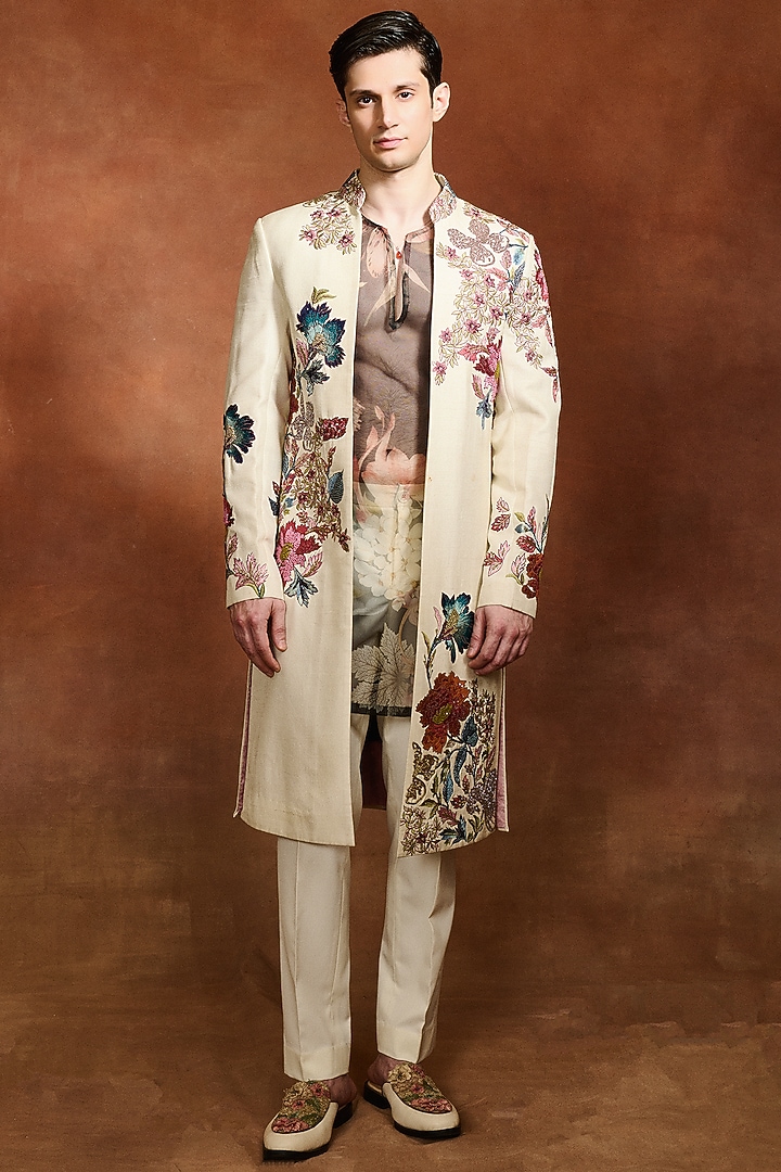 Ivory Modal Dupion Embroidered Groom Sherwani by Varun Bahl Men at Pernia's Pop Up Shop