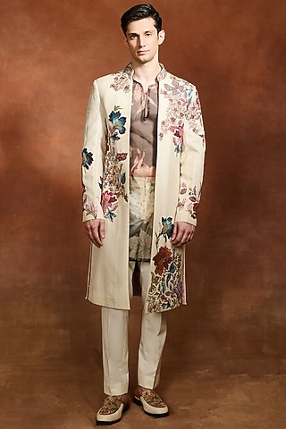 Ivory Modal Dupion Embroidered Sherwani by Varun Bahl Men