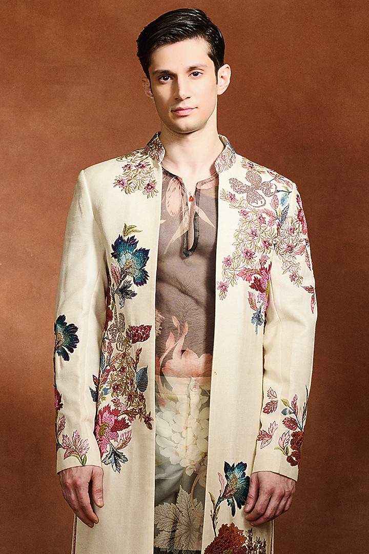 Ivory Modal Dupion Embroidered Groom Sherwani by Varun Bahl Men at Pernia's Pop Up Shop