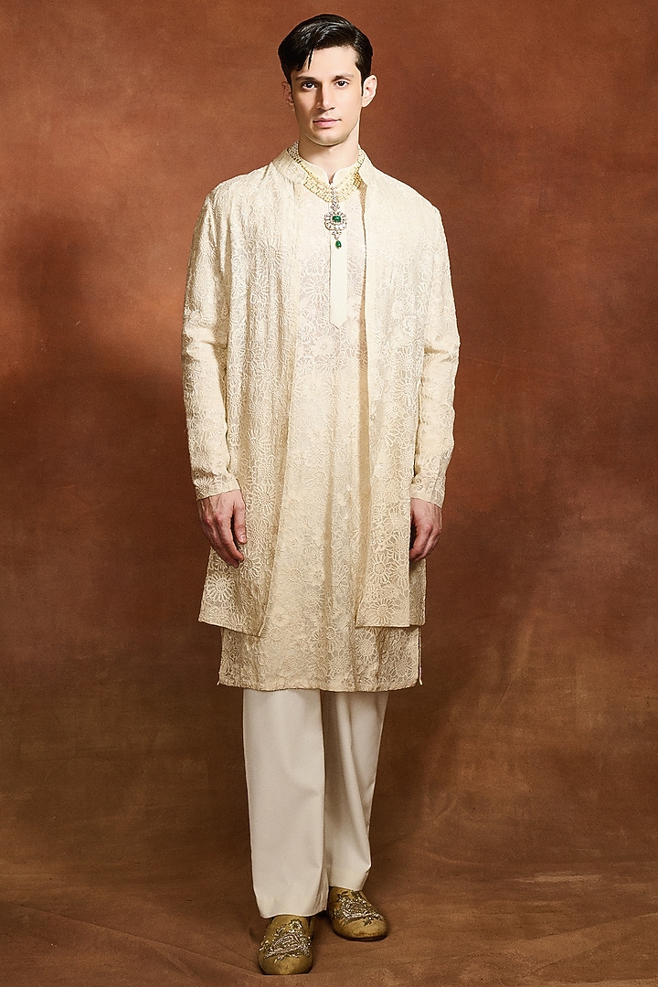 Ivory Silk Organza Open Jacket Set by Varun Bahl Men at Pernia's Pop Up Shop