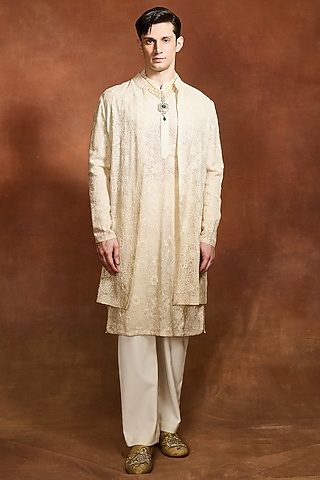 Ivory Silk Organza Open Jacket Set by Varun Bahl Men