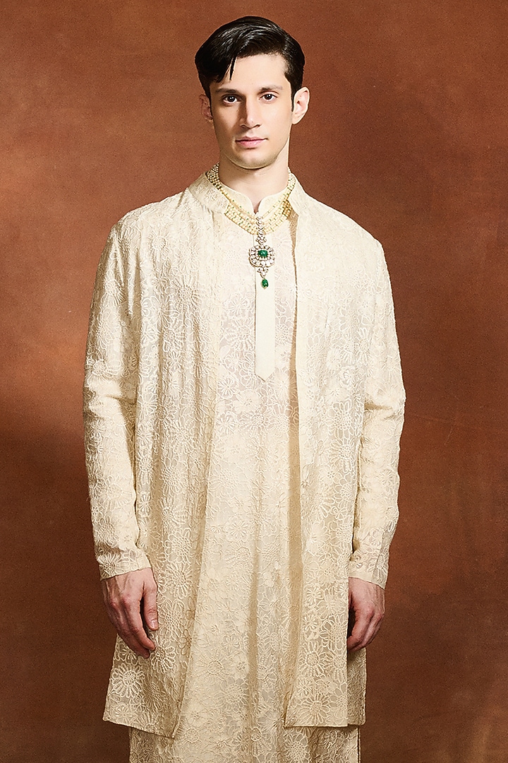 Ivory Silk Organza Open Jacket Set by Varun Bahl Men at Pernia's Pop Up Shop