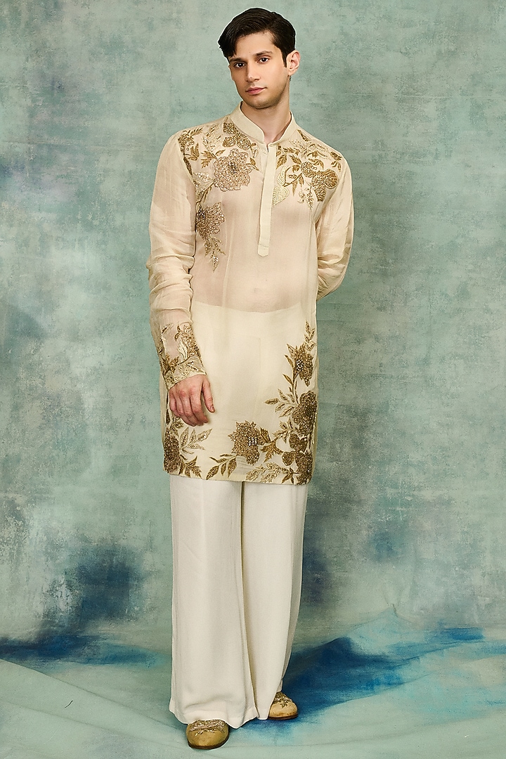 Beige Organza Embroidered Kurta Set by Varun Bahl Men at Pernia's Pop Up Shop
