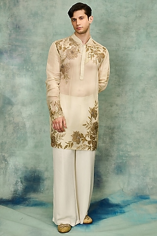 Beige Organza Embroidered Kurta Set by Varun Bahl Men