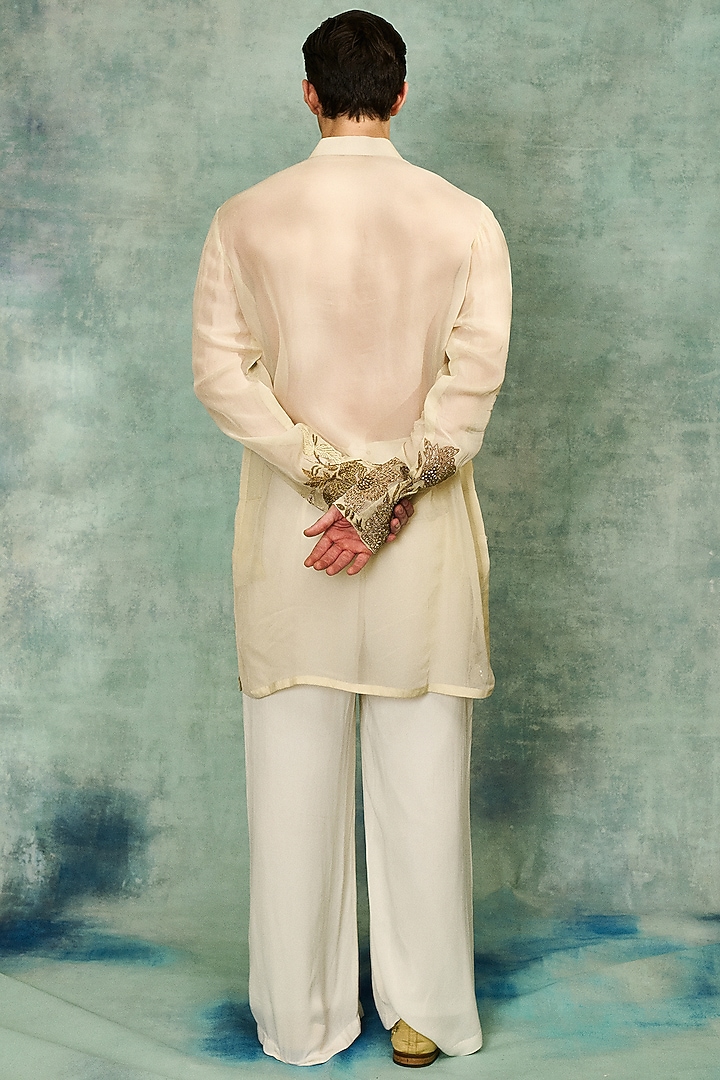 Beige Organza Embroidered Kurta Set by Varun Bahl Men at Pernia's Pop Up Shop