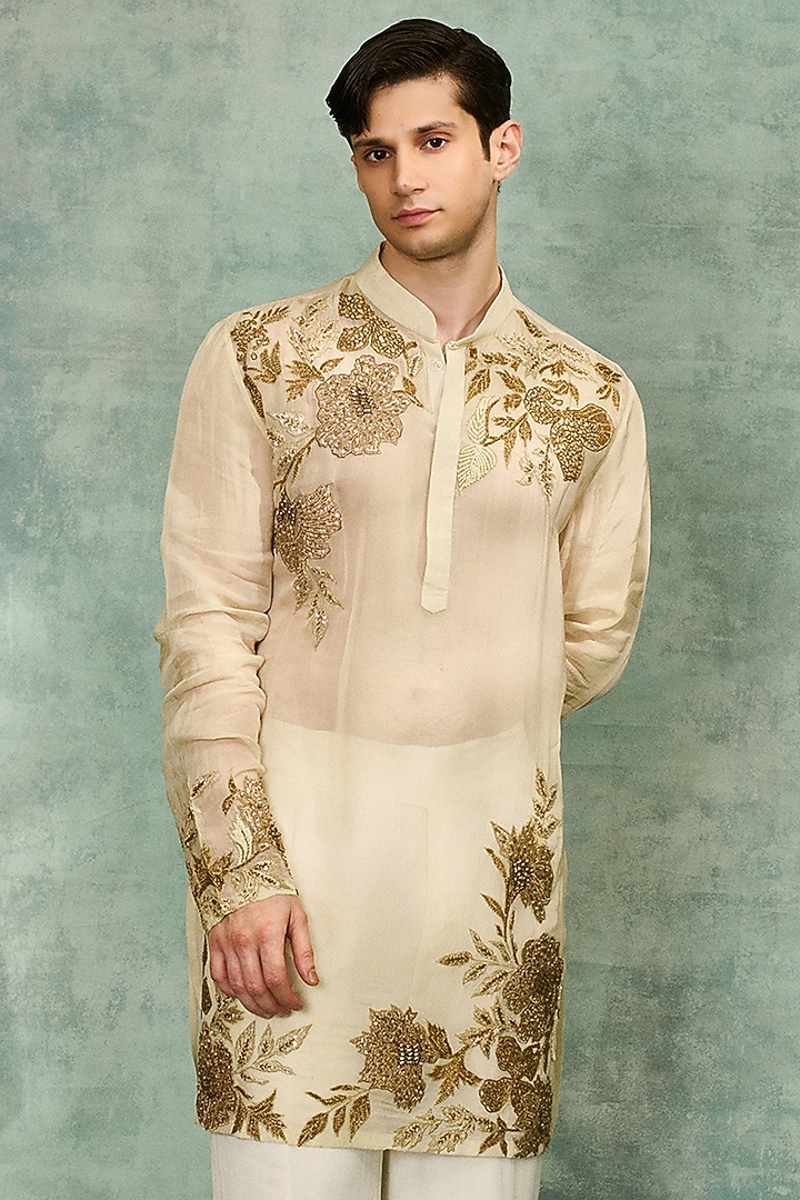 Beige Organza Embroidered Kurta Set by Varun Bahl Men at Pernia's Pop Up Shop