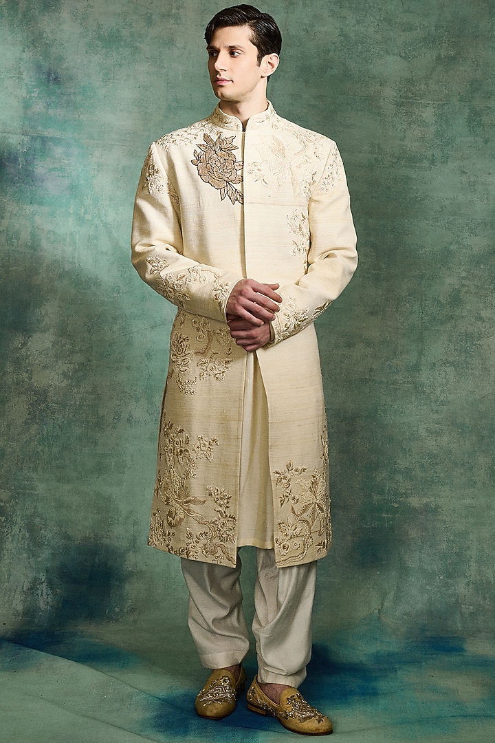 Ivory Modal Satin Embroidered Groom Sherwani Set by Varun Bahl Men at Pernia's Pop Up Shop