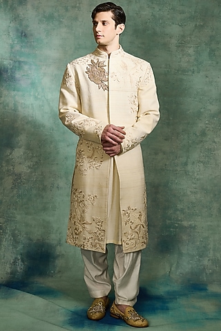 Ivory Modal Satin Embroidered Sherwani Set by Varun Bahl Men