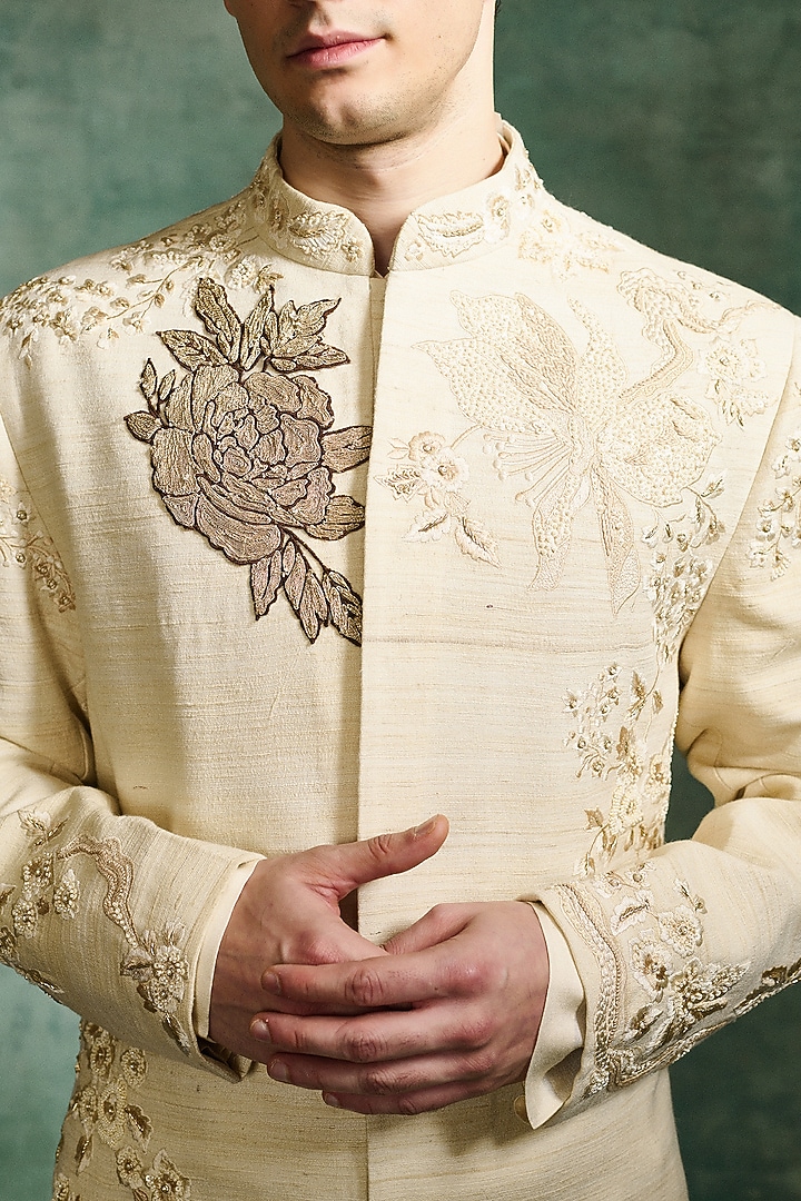 Ivory Modal Satin Embroidered Groom Sherwani Set by Varun Bahl Men at Pernia's Pop Up Shop