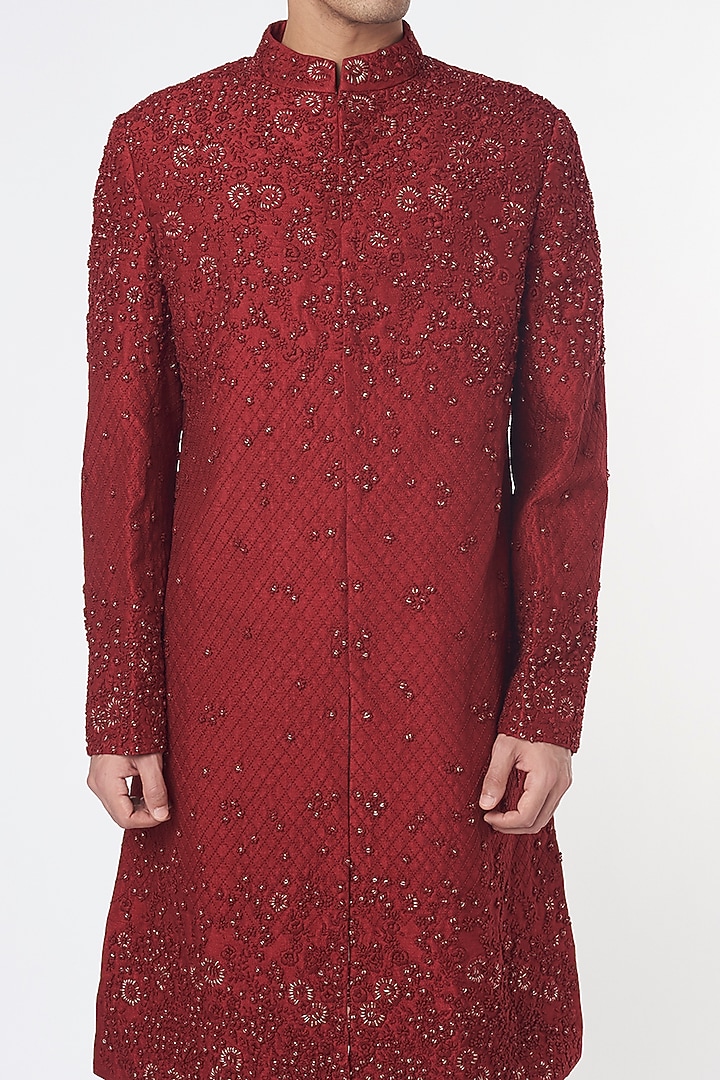 Maroon Embroidered Groom Sherwani by Varun Bahl Men at Pernia's Pop Up Shop