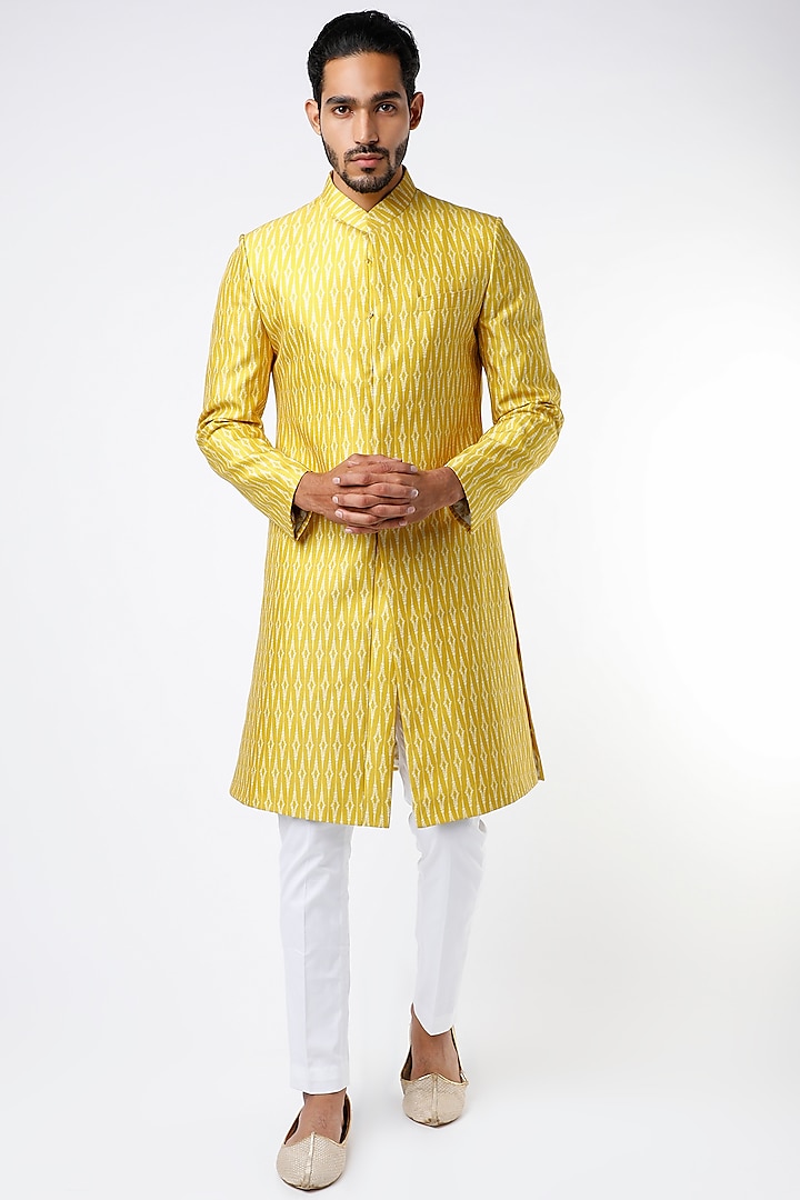 Yellow Cotton Silk Sherwani by Varun Bahl Men