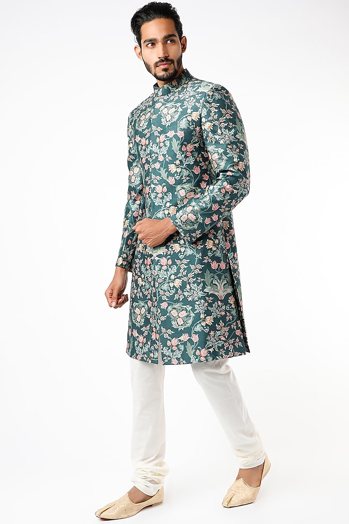 Teal Floral Sherwani Set by Varun Bahl Men