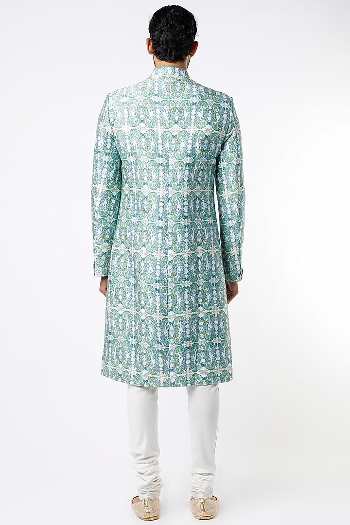 Blue Paisley Printed Wedding Sherwani by Varun Bahl Men at Pernia's Pop Up Shop