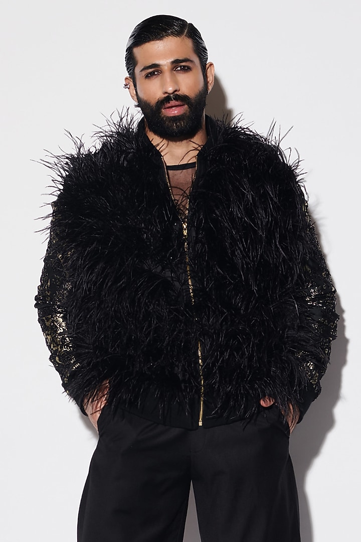 Black Brocade & Suiting Fabric Feather Embellished Bomber Jacket Set by Varun Bahl Men at Pernia's Pop Up Shop