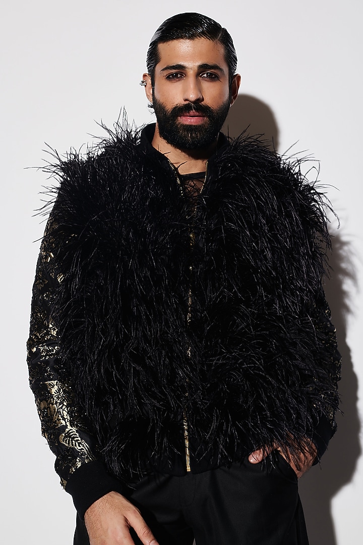 Black Brocade & Suiting Fabric Feather Embellished Bomber Jacket Set by Varun Bahl Men at Pernia's Pop Up Shop
