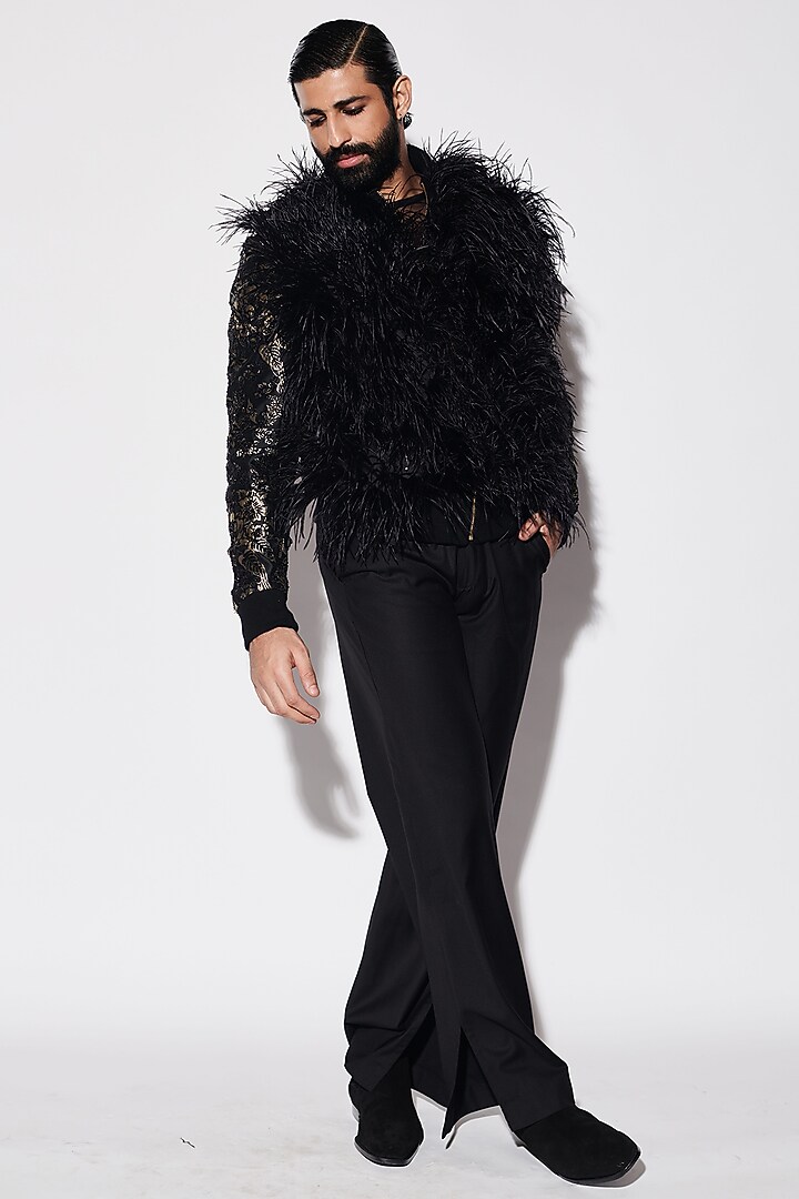 Black Brocade & Suiting Fabric Feather Embellished Bomber Jacket Set by Varun Bahl Men at Pernia's Pop Up Shop