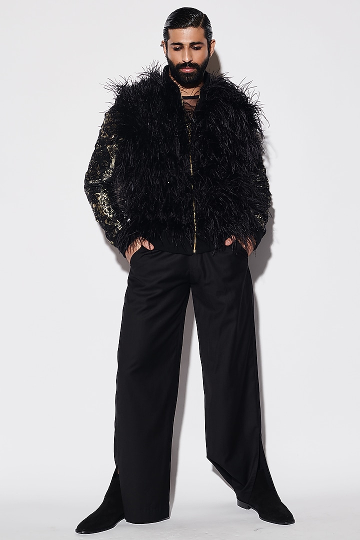 Black Brocade & Suiting Fabric Feather Embellished Bomber Jacket Set by Varun Bahl Men at Pernia's Pop Up Shop