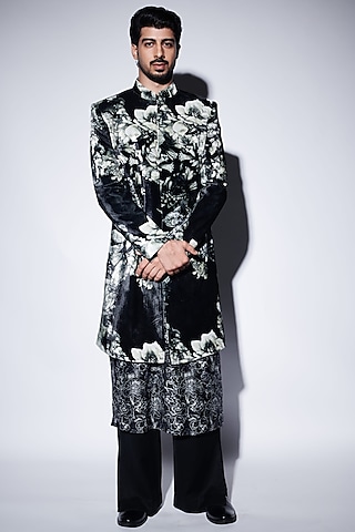 Black Velvet Printed Sherwani Set by Varun Bahl Men