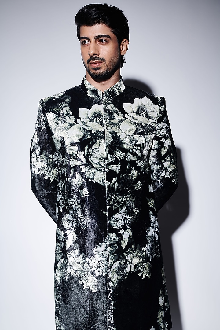 Black Velvet Printed Groom Sherwani Set by Varun Bahl Men at Pernia's Pop Up Shop
