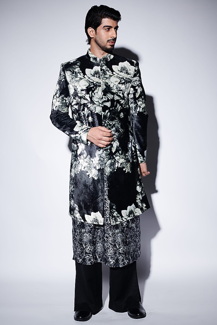 Black Velvet Printed Groom Sherwani Set by Varun Bahl Men at Pernia's Pop Up Shop