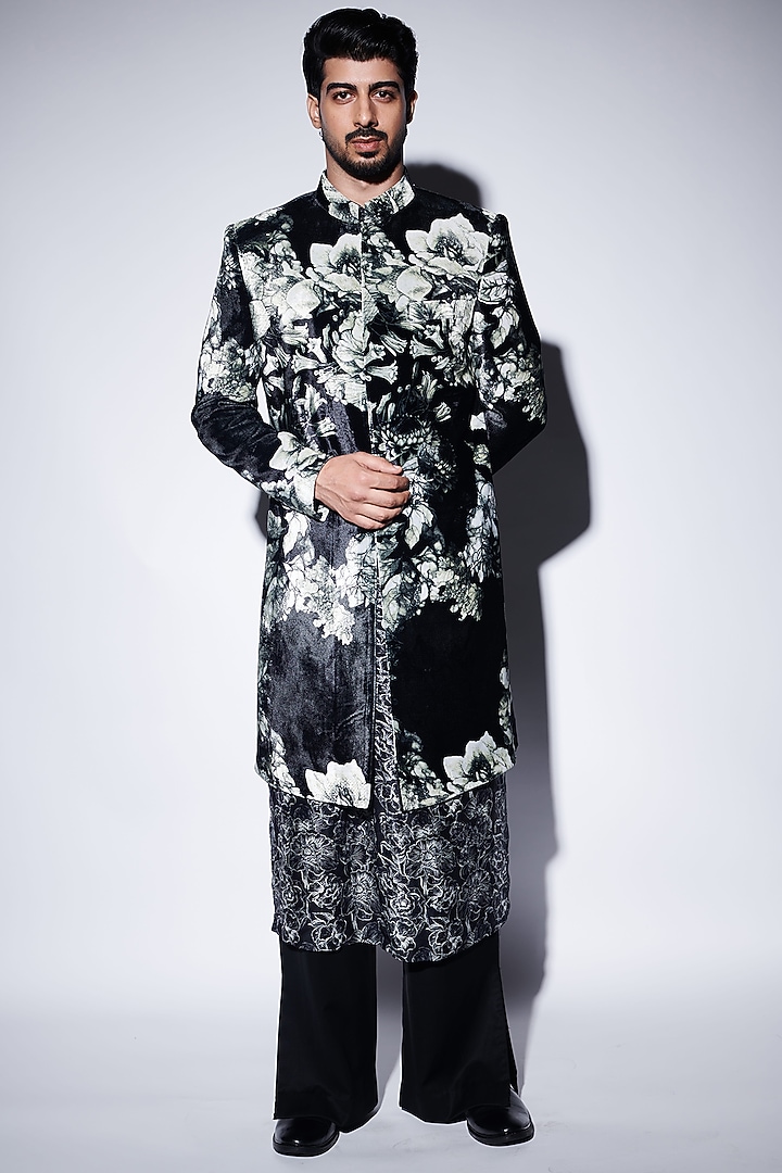 Black Velvet Printed Groom Sherwani Set by Varun Bahl Men at Pernia's Pop Up Shop