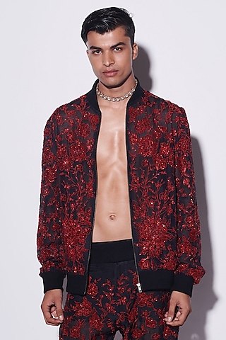 Black & Red Organza Hand Embroidered Bomber Jacket Set by Varun Bahl Men
