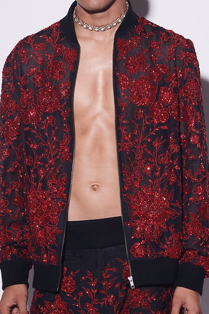 Black & Red Organza Hand Embroidered Bomber Jacket Set by Varun Bahl Men at Pernia's Pop Up Shop