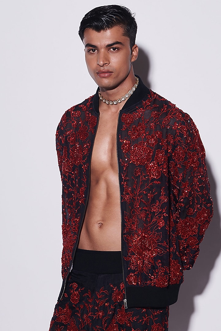Black & Red Organza Hand Embroidered Bomber Jacket Set by Varun Bahl Men at Pernia's Pop Up Shop
