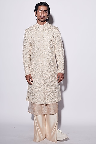 Beige Modal Dupion & Chanderi Hand Embroidered Sherwani Set by Varun Bahl Men