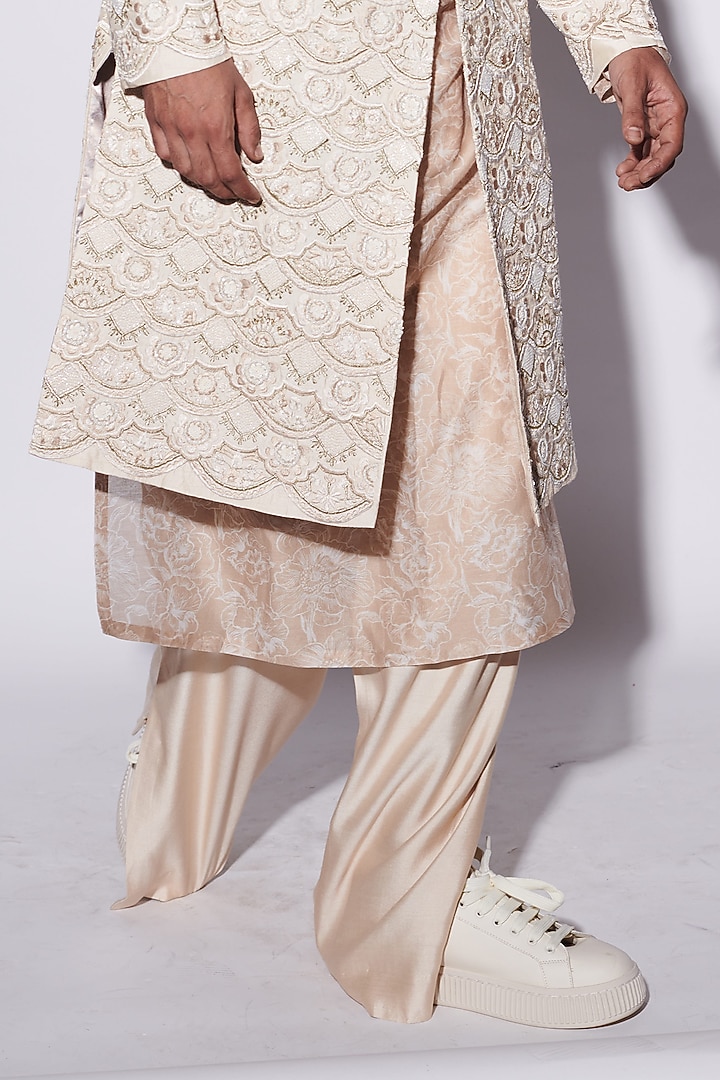 Beige Modal Dupion & Chanderi Hand Embroidered Groom Sherwani Set by Varun Bahl Men at Pernia's Pop Up Shop