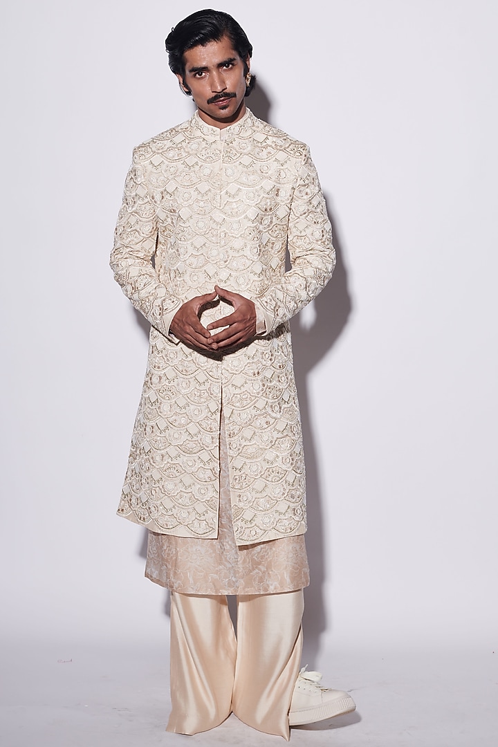 Beige Modal Dupion & Chanderi Hand Embroidered Groom Sherwani Set by Varun Bahl Men at Pernia's Pop Up Shop