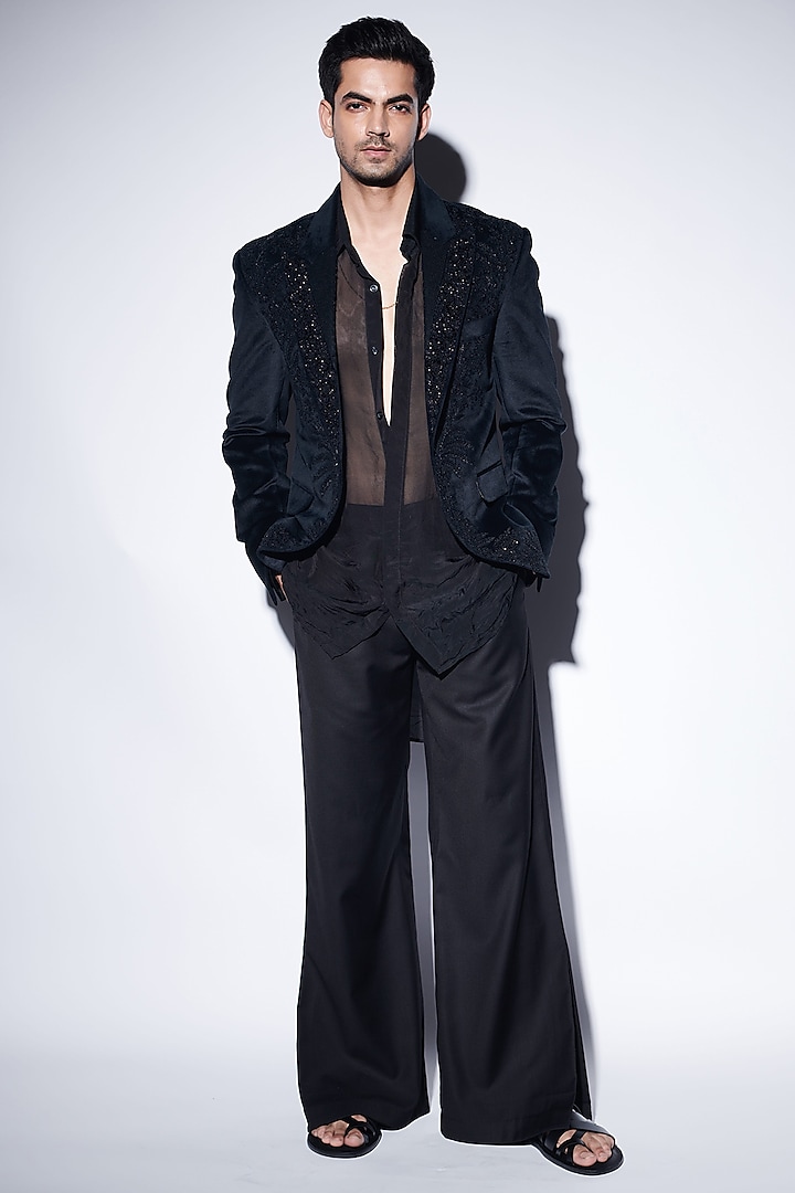 Black Organza Embroidered Trousers Set by Varun Bahl Men