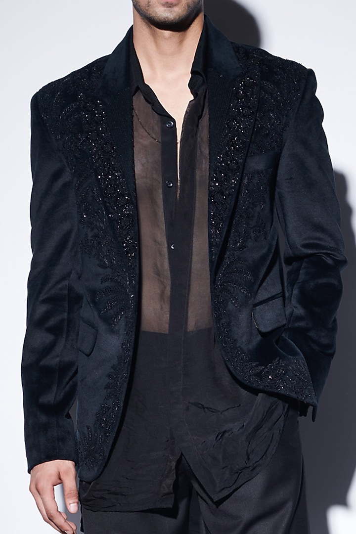 Black Organza Embroidered Trousers Set by Varun Bahl Men at Pernia's Pop Up Shop
