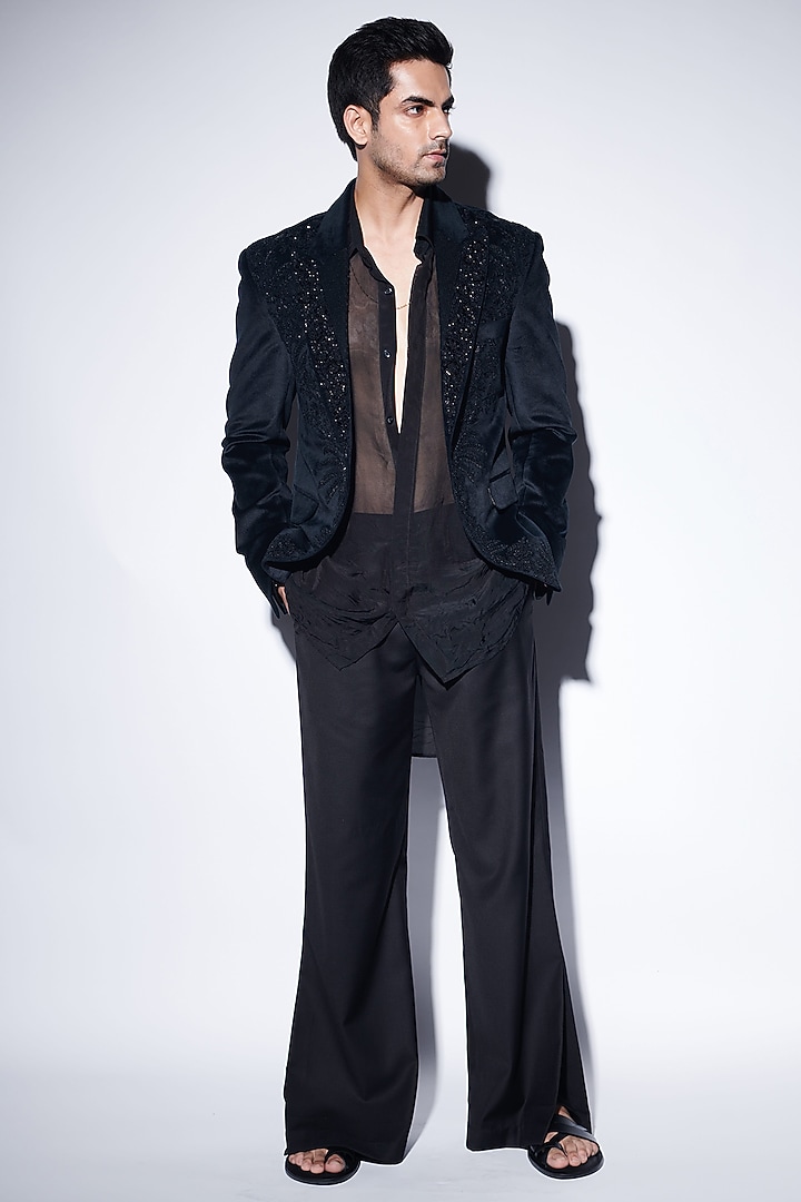 Black Organza Embroidered Trousers Set by Varun Bahl Men at Pernia's Pop Up Shop