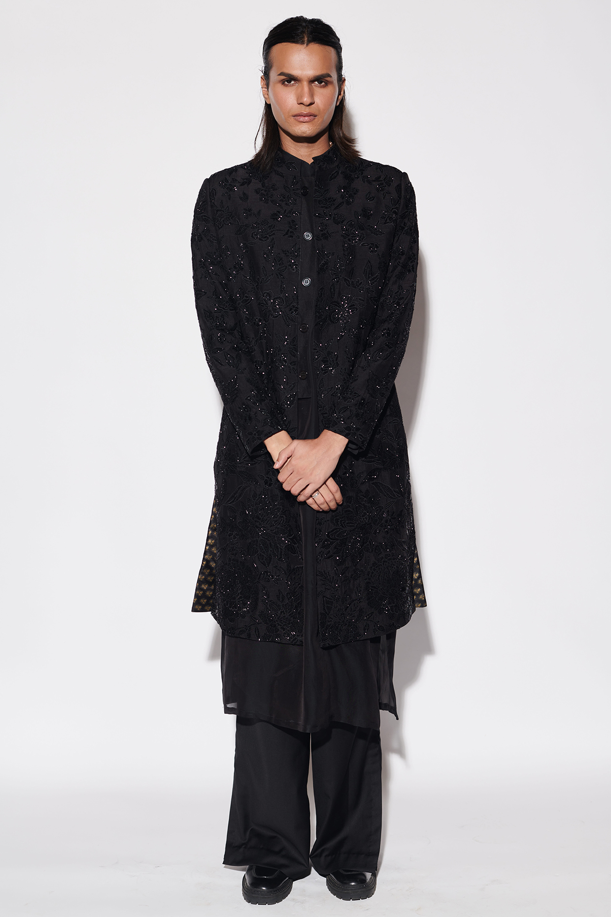 Black Modal Dupion & Organza Cutdana Embroidered Indowestern Set by Varun Bahl Men