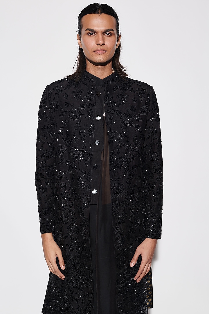 Black Modal Dupion & Organza Cutdana Embroidered Groom Indowestern Set by Varun Bahl Men at Pernia's Pop Up Shop