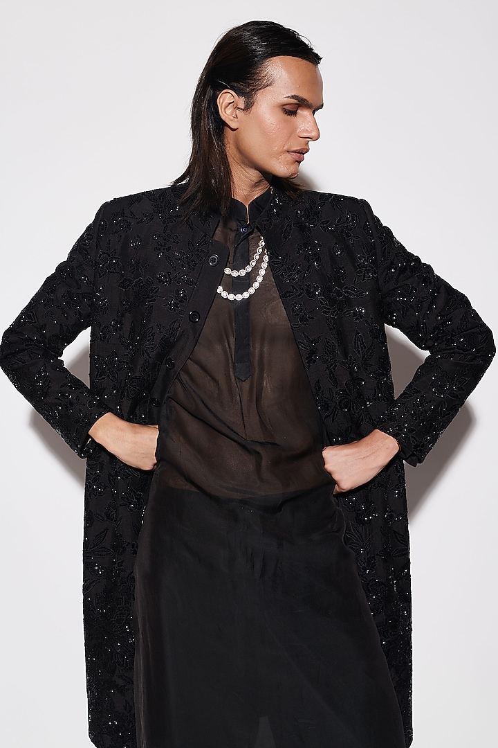 Black Modal Dupion & Organza Cutdana Embroidered Groom Indowestern Set by Varun Bahl Men at Pernia's Pop Up Shop