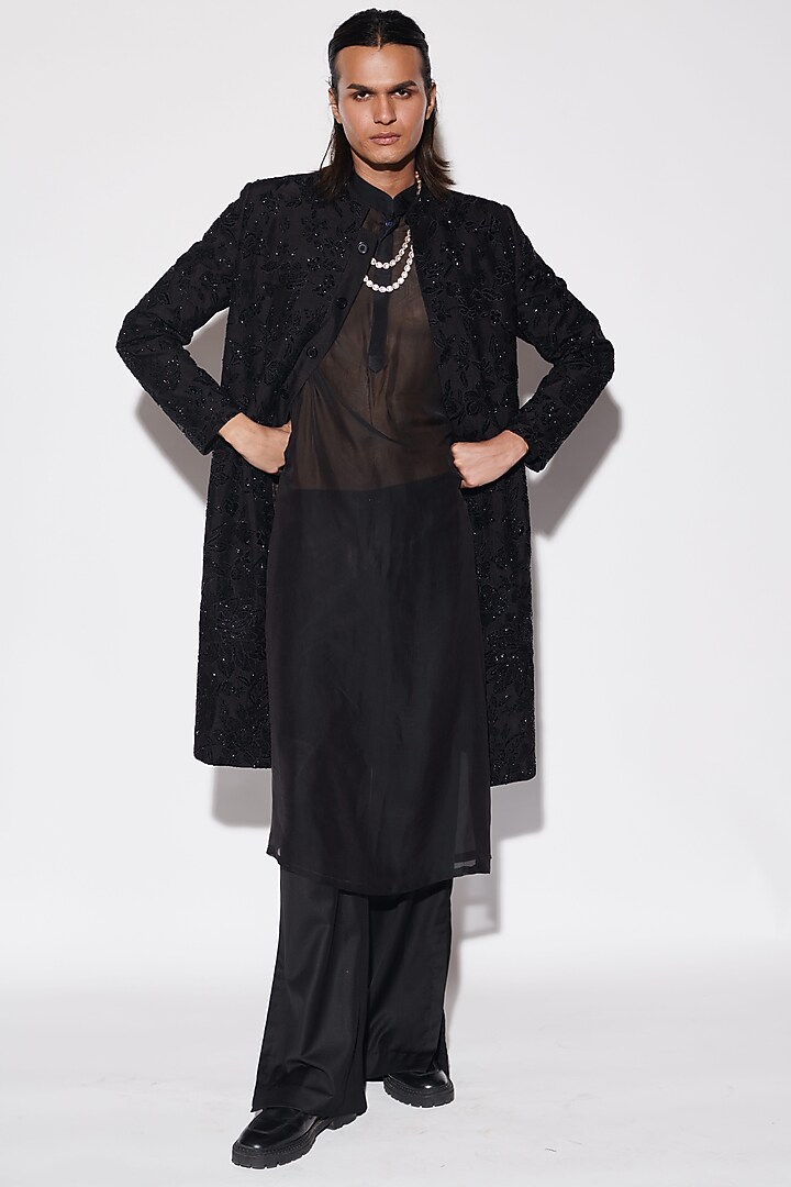 Black Modal Dupion & Organza Cutdana Embroidered Groom Indowestern Set by Varun Bahl Men at Pernia's Pop Up Shop