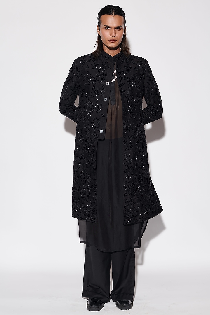 Black Modal Dupion & Organza Cutdana Embroidered Groom Indowestern Set by Varun Bahl Men at Pernia's Pop Up Shop
