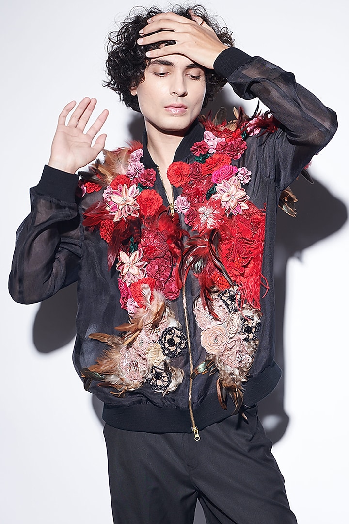 Black Organza & Suiting Fabric Bomber Jacket Set by Varun Bahl Men at Pernia's Pop Up Shop