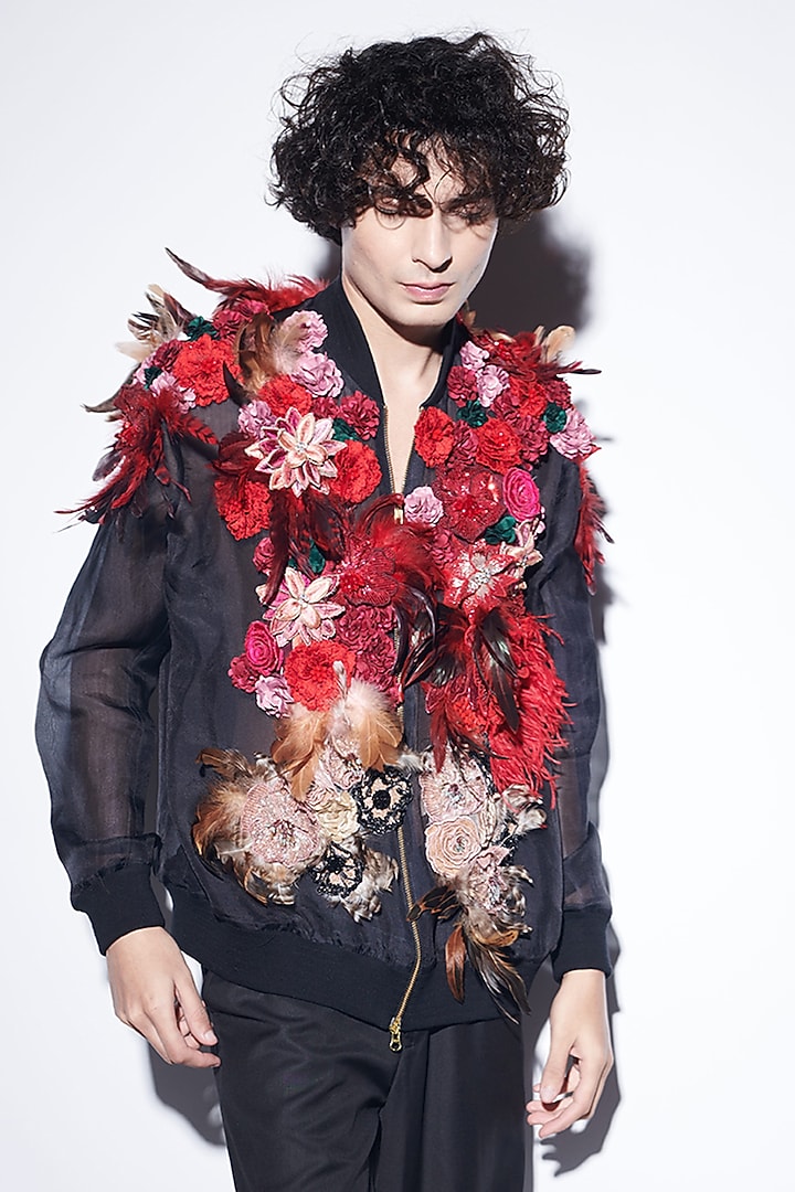 Black Organza & Suiting Fabric Bomber Jacket Set by Varun Bahl Men at Pernia's Pop Up Shop